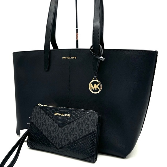 Michael Kors Medium Jet Set Travel Zip Tote Bag & Double Zip Wallet Black/Gold - Picture 2 of 13